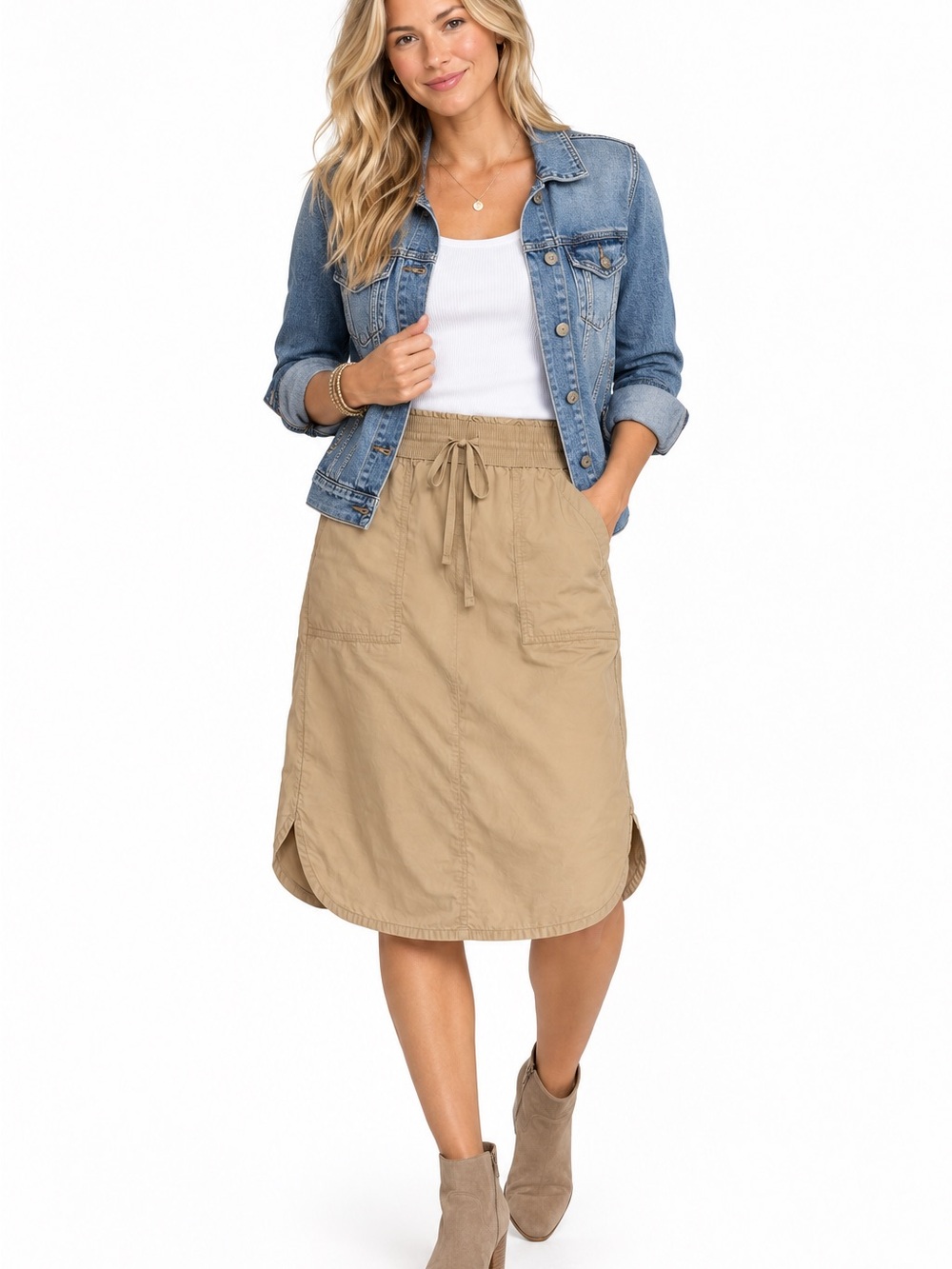 GAP Khaki Drawstring Midi Skirt Pockets Medium Classic Minimalist Casual